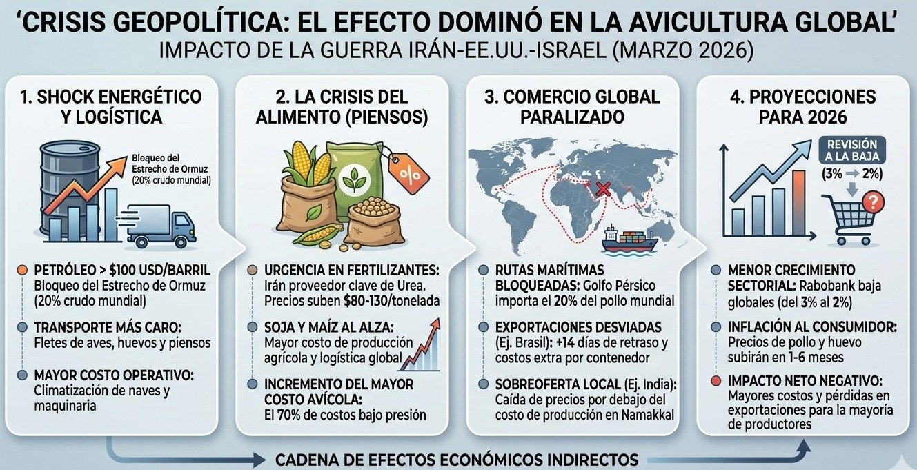 Impacto del conflicto Irán EE.UU Israel en la avicultura global 2026